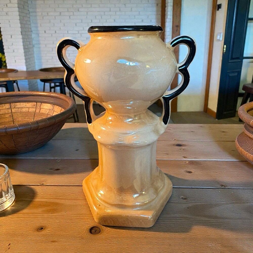Czechoslovakian Lusterware Column Vase 5.5”x4.5” VTG Peach Black